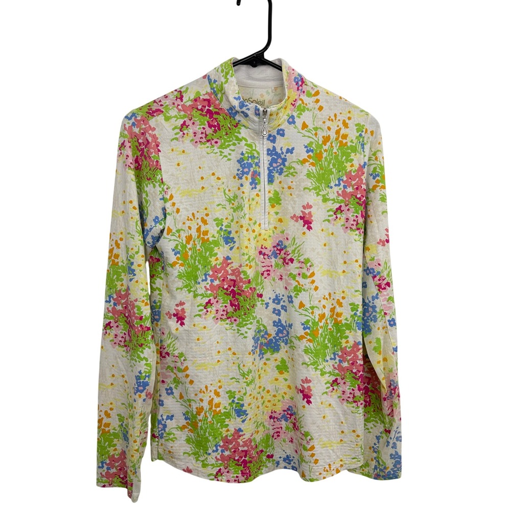 SanSoleil Top Womens Medium White Floral SolTek Ice Quarter Zip Mock Neck UV 50+